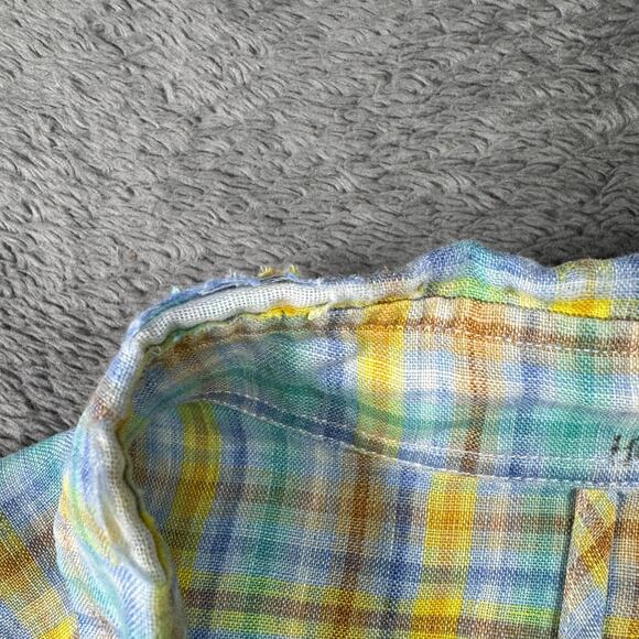Lenor Romano Vintage Linen Shirt Button Up Mens L Check Plaid Blue Yellow - Picture 4 of 7